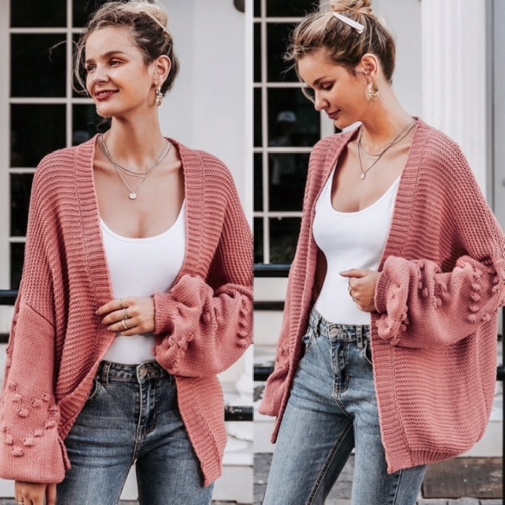 MADISON Balloon Sleeve heart Pom Knit Cardigan - Picture 5 of 7